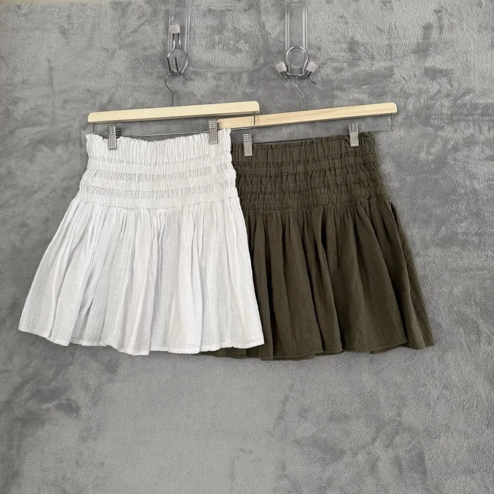 Lot of 2 Rewash Mini Skirt Womens Small Olive Green White Cotton Gauze Pull On - Picture 5 of 13